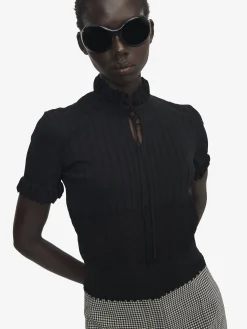 Women's Pointelle Knit Top in Black