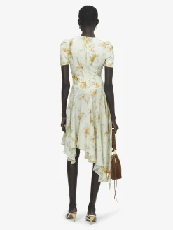 Women's Silk Floral Print Dress in Stone/Light Orange