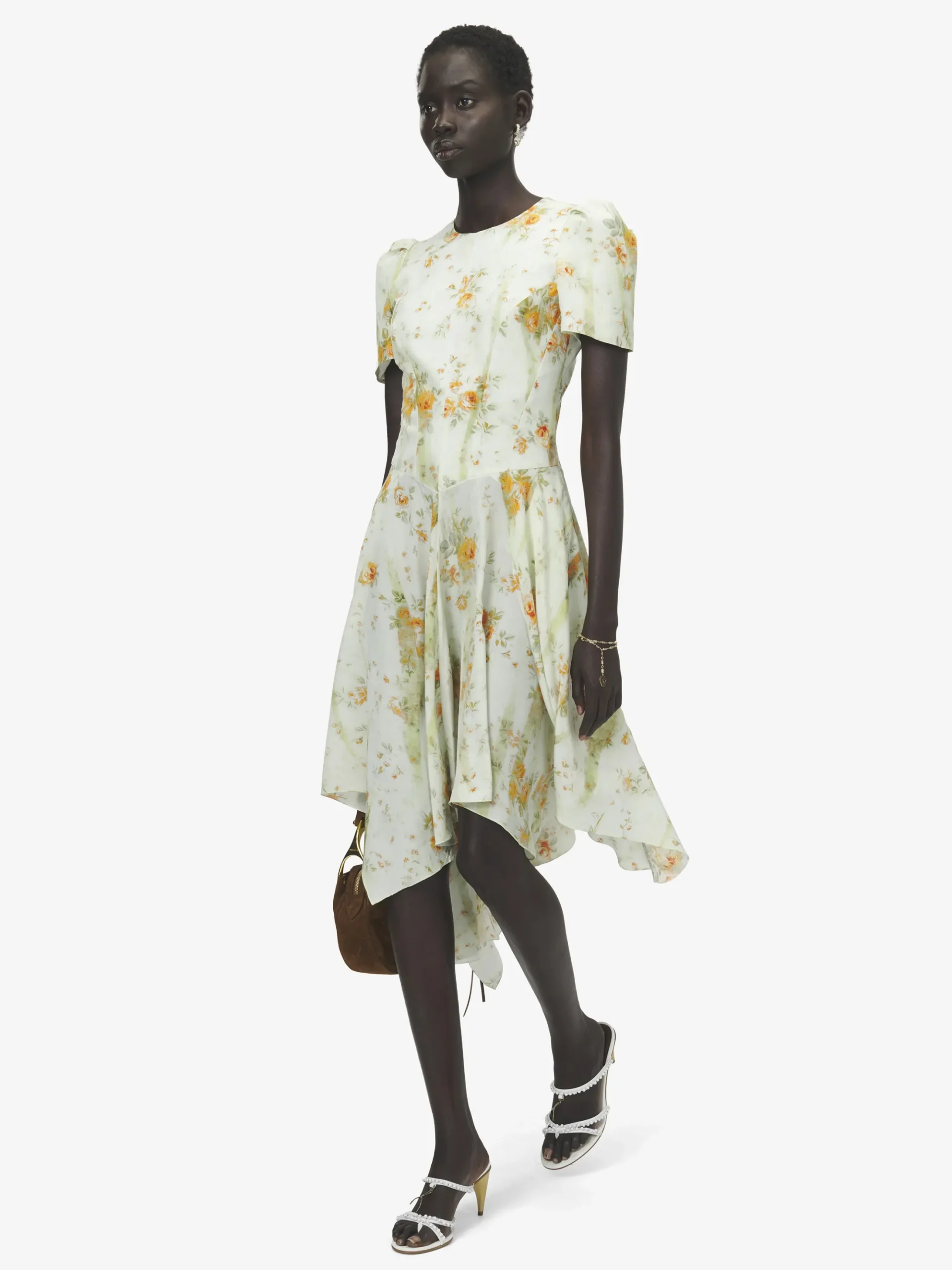 Women's Silk Floral Print Dress in Stone/Light Orange