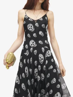 Women's Silk Skull Print Evening Dress in Black/White