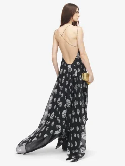 Women's Silk Skull Print Evening Dress in Black/White