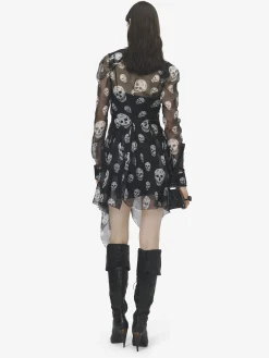 Women's Silk Skull Print Wrap Dress in Black/White