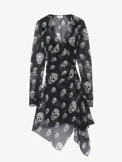 Women's Silk Skull Print Wrap Dress in Black/White