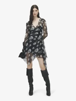 Women's Silk Skull Print Wrap Dress in Black/White