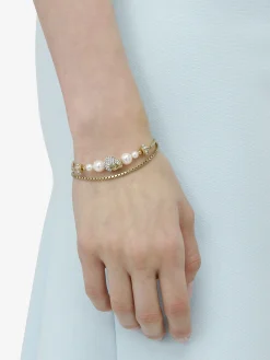 Women's Skull and Pearl Chain Bracelet in Pale Gold-finish