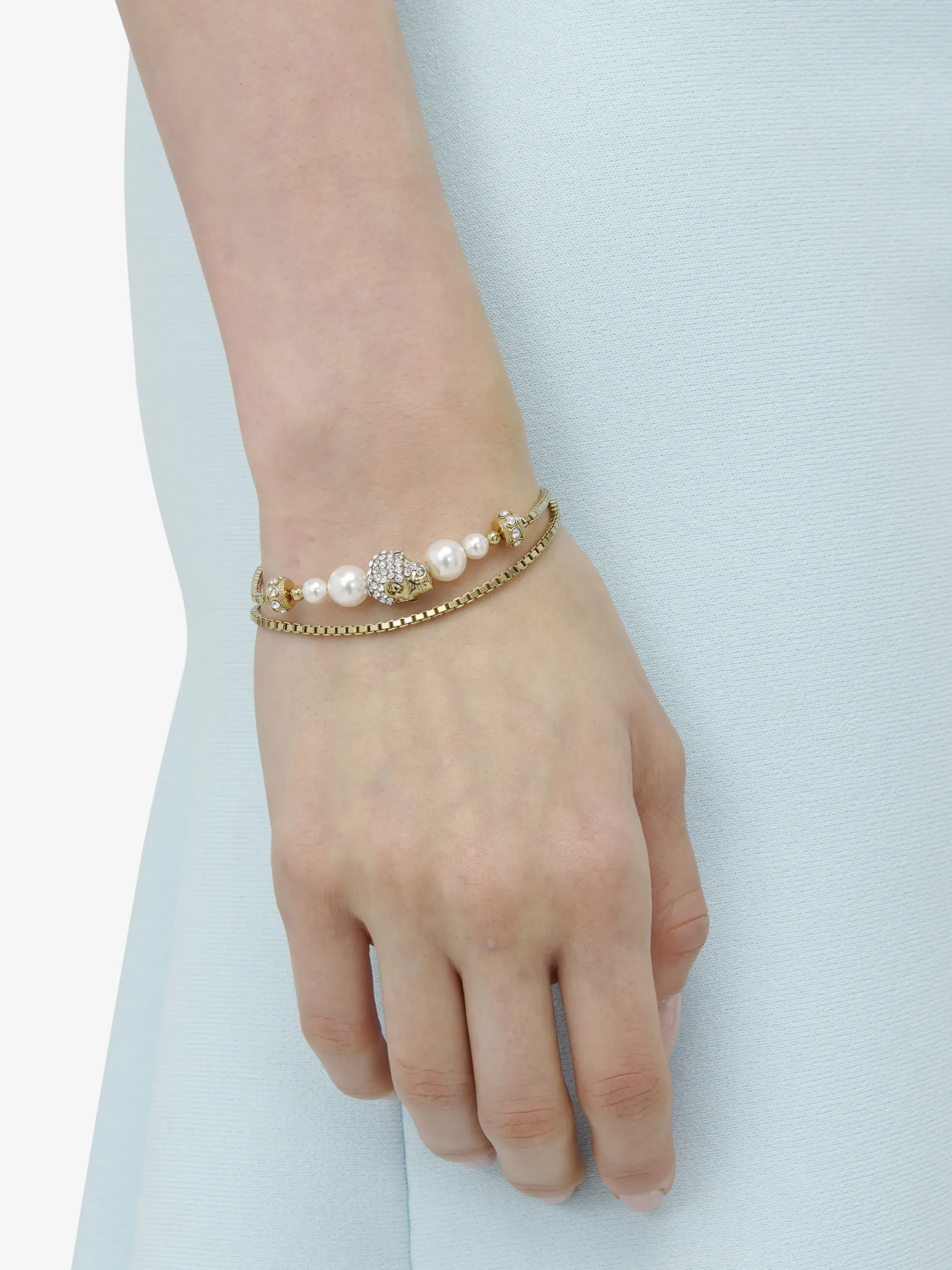 Women's Skull and Pearl Chain Bracelet in Pale Gold-finish