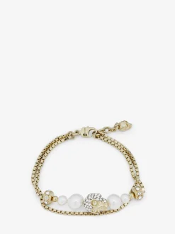 Women's Skull and Pearl Chain Bracelet in Pale Gold-finish