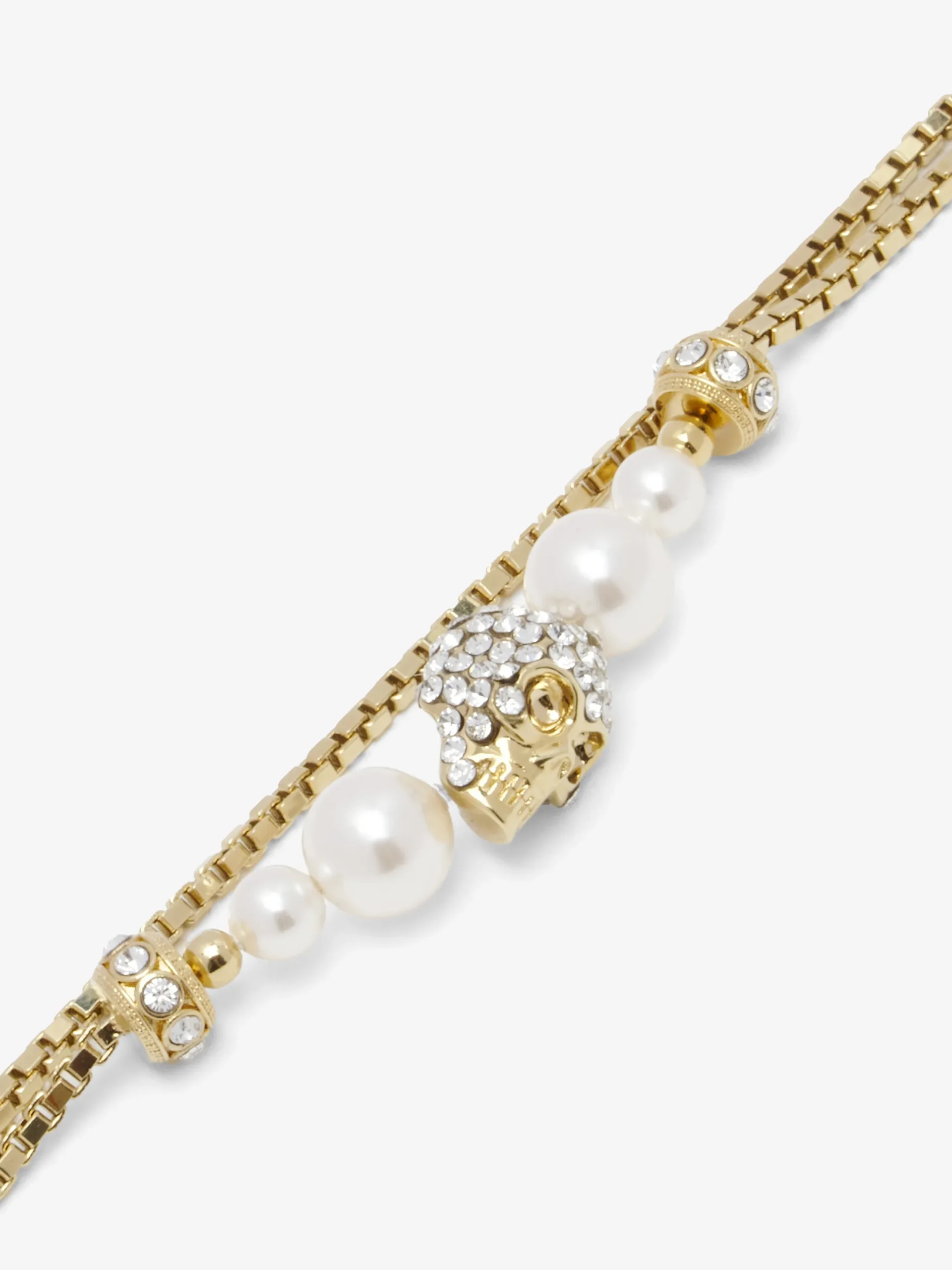 Women's Skull and Pearl Chain Bracelet in Pale Gold-finish