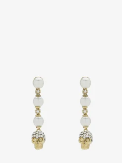 Women's Skull and Pearl Earrings in Pale Gold-finish