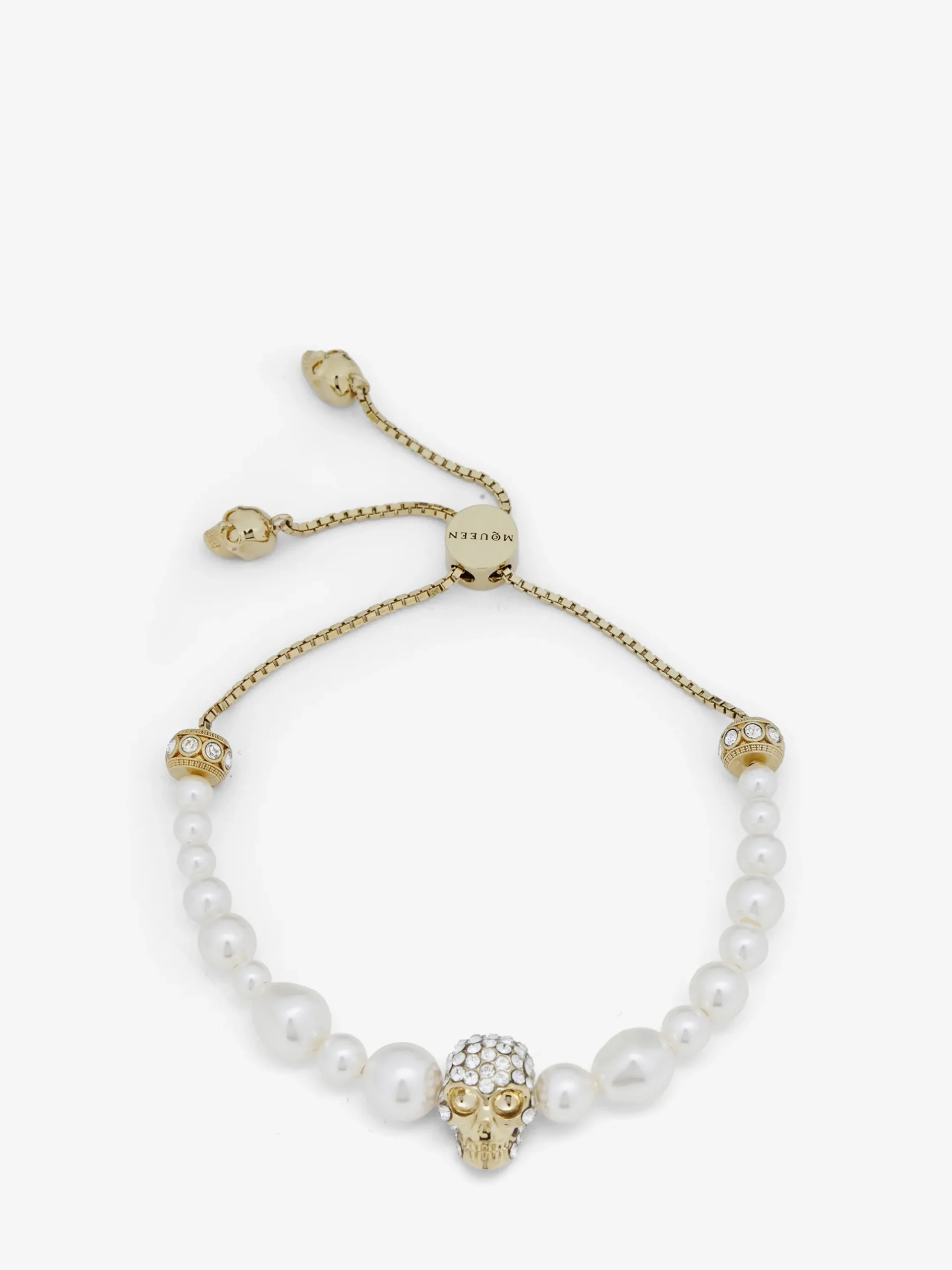 Women's Skull and Pearl Friendship Bracelet in Pale Gold-finish