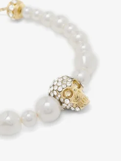 Women's Skull and Pearl Friendship Bracelet in Pale Gold-finish