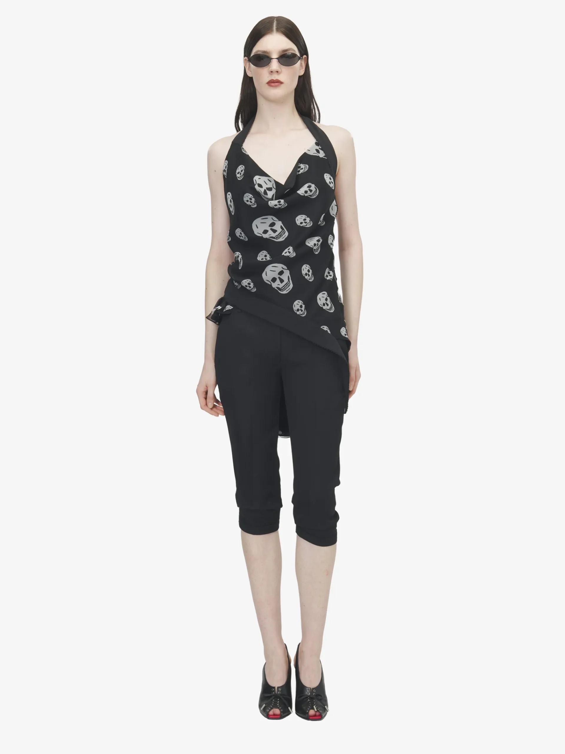 Women's Skull Print Asymmetric Top in Black/White