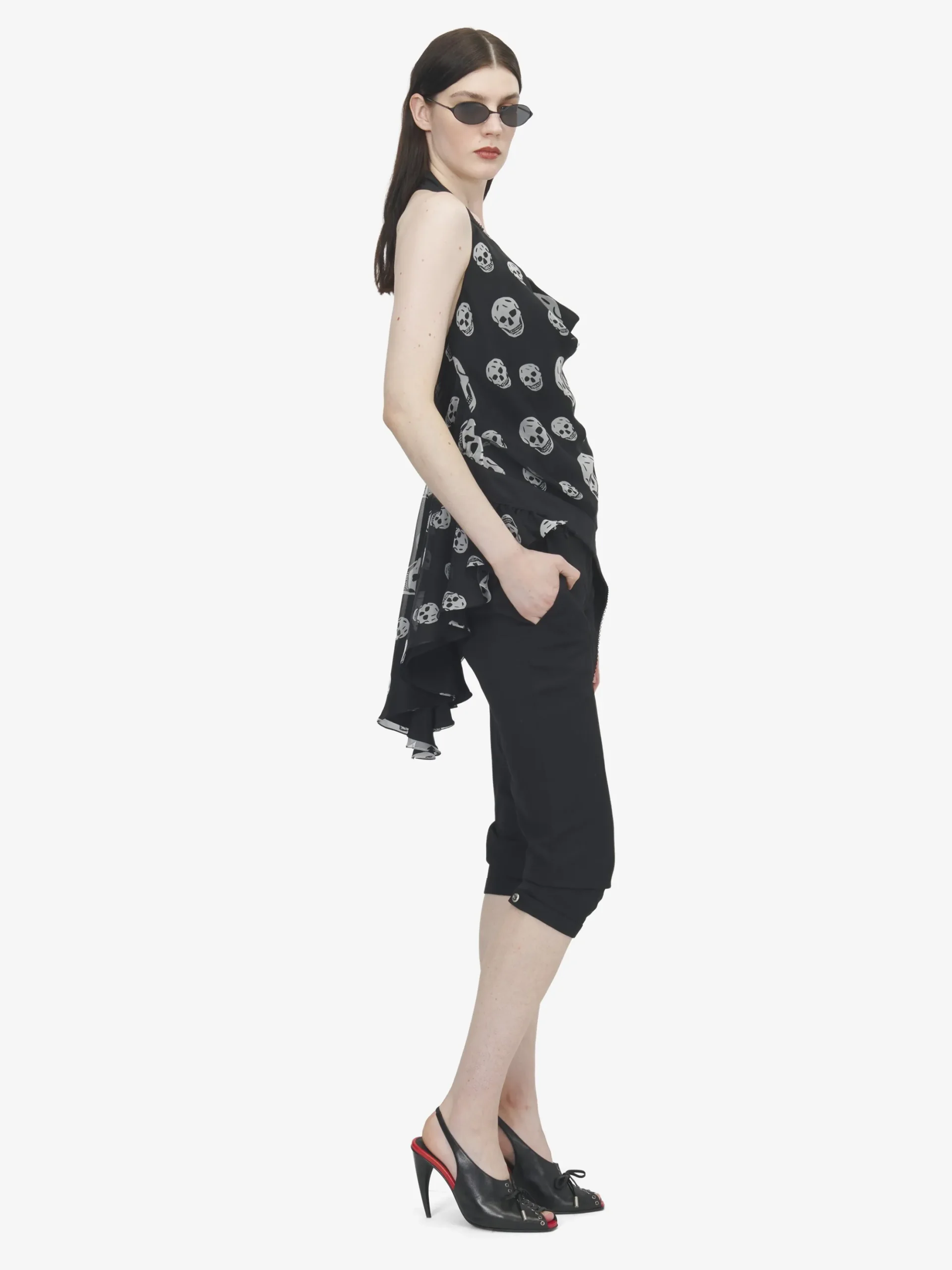 Women's Skull Print Asymmetric Top in Black/White