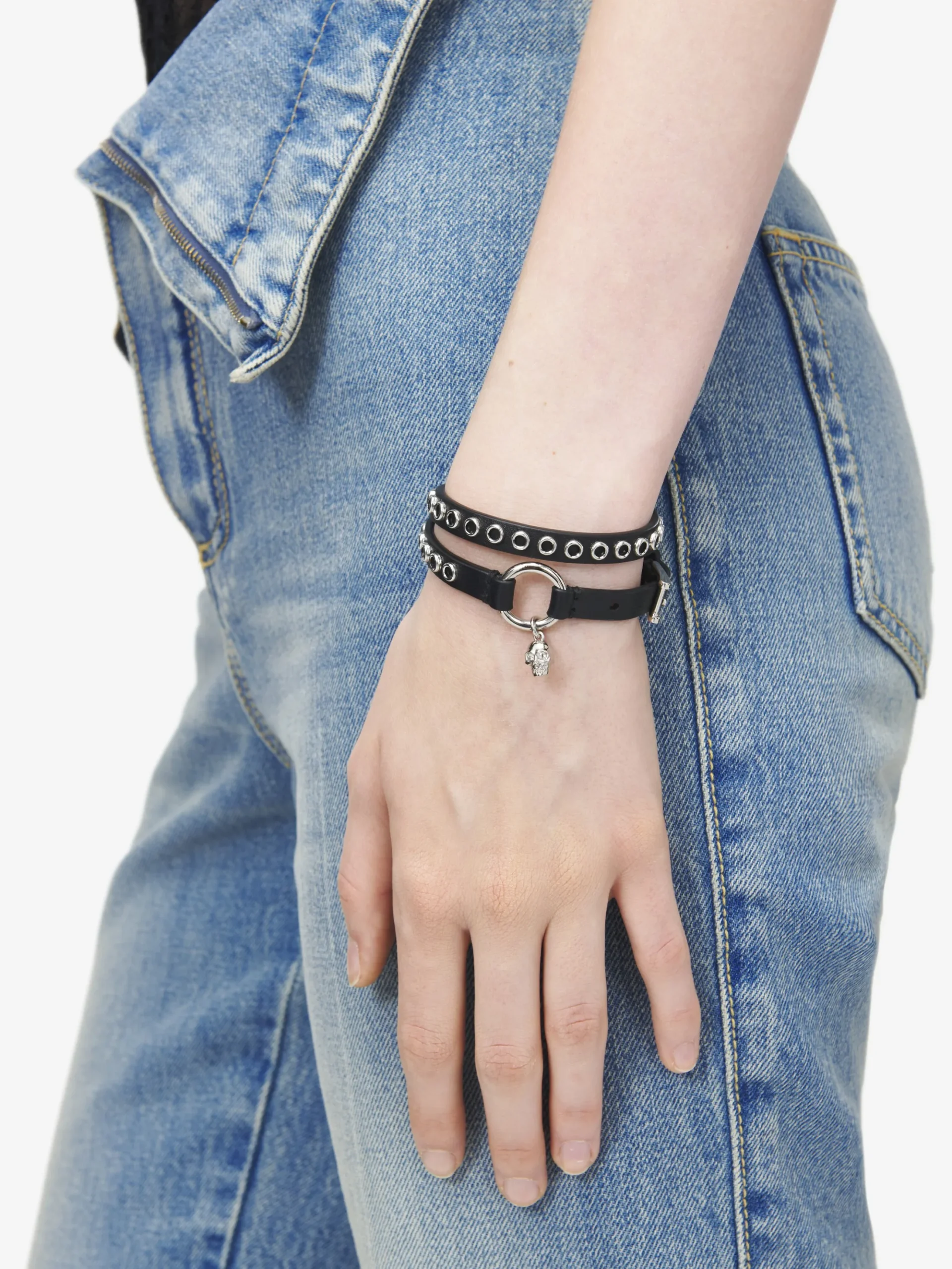 Women's Skull Ring Double Wrap Bracelet in Black