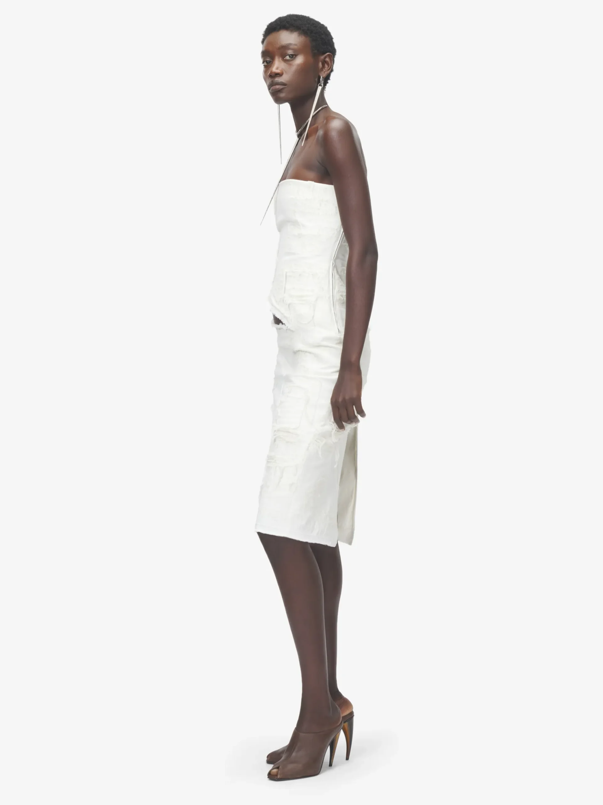 Women's Slashed Denim Strapless Dress in Ivory