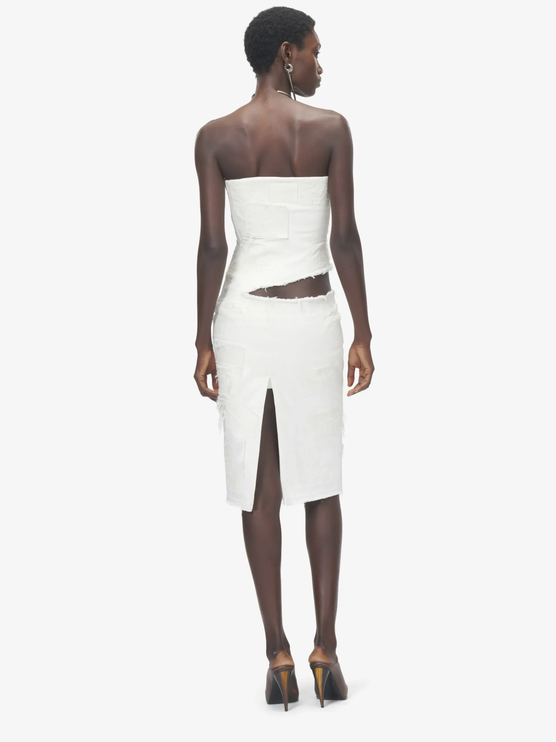 Women's Slashed Denim Strapless Dress in Ivory