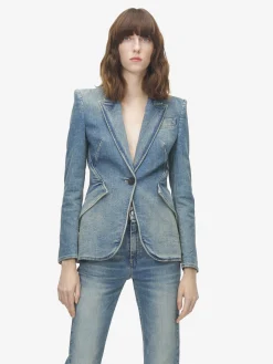 Women's Stretch Denim Jacket in Washed Blue